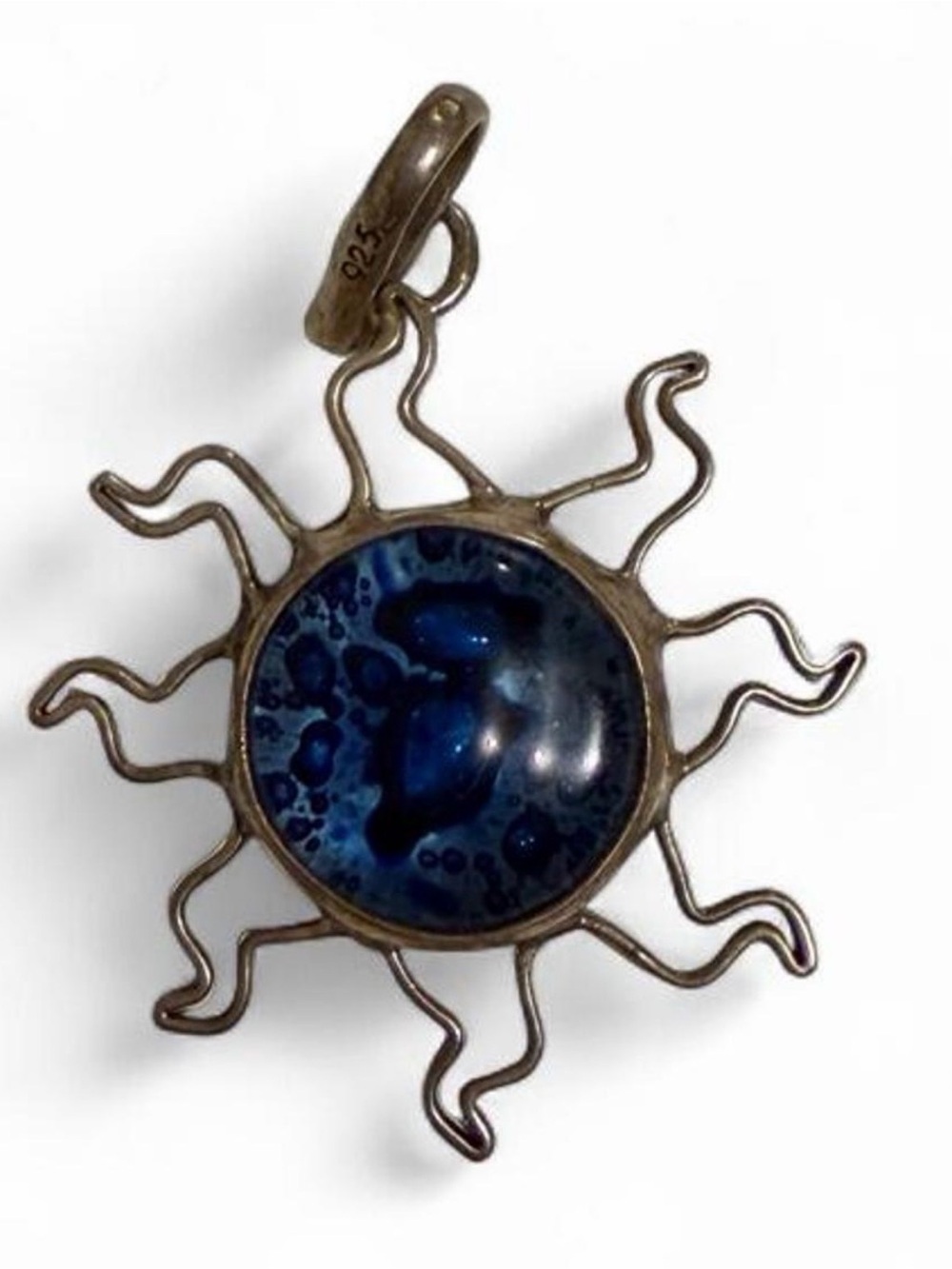 Vintage 925 Sterling Silver Blue Bubble Art Glass Sunburst Sun Pendant Mexico